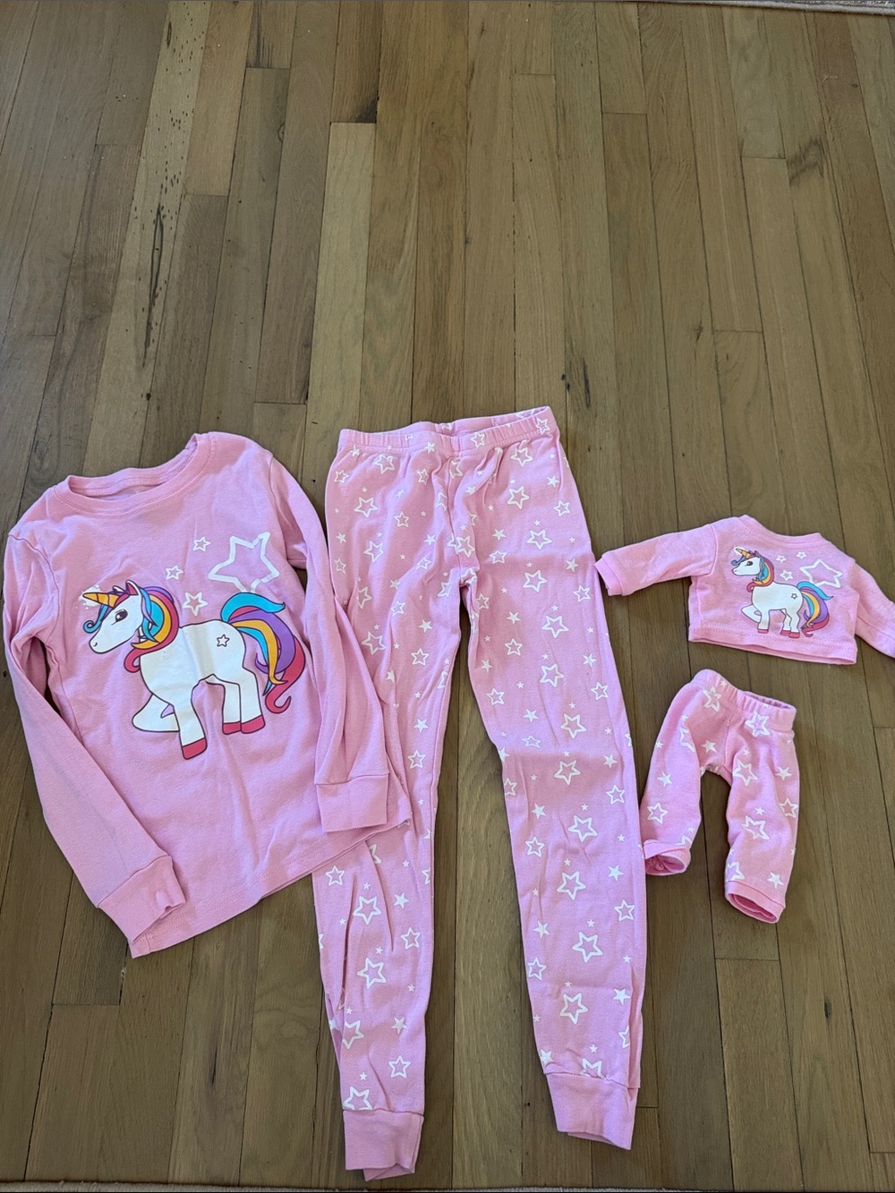 Girls Pink Unicorn Pajama Set with Star Print